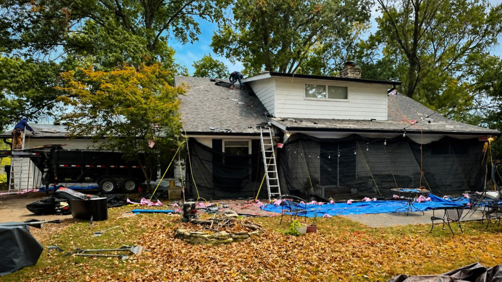 Complex roof replacement Missouri showing a multi-section roofline prepared for professional installation